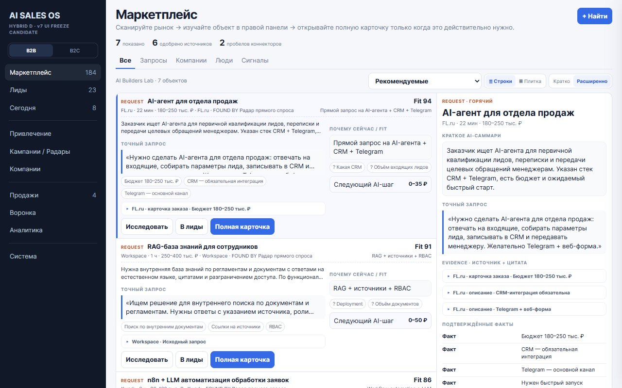 UI-прототип: маркетплейс запросов с fit-оценкой, цитатой и доказательствами источника