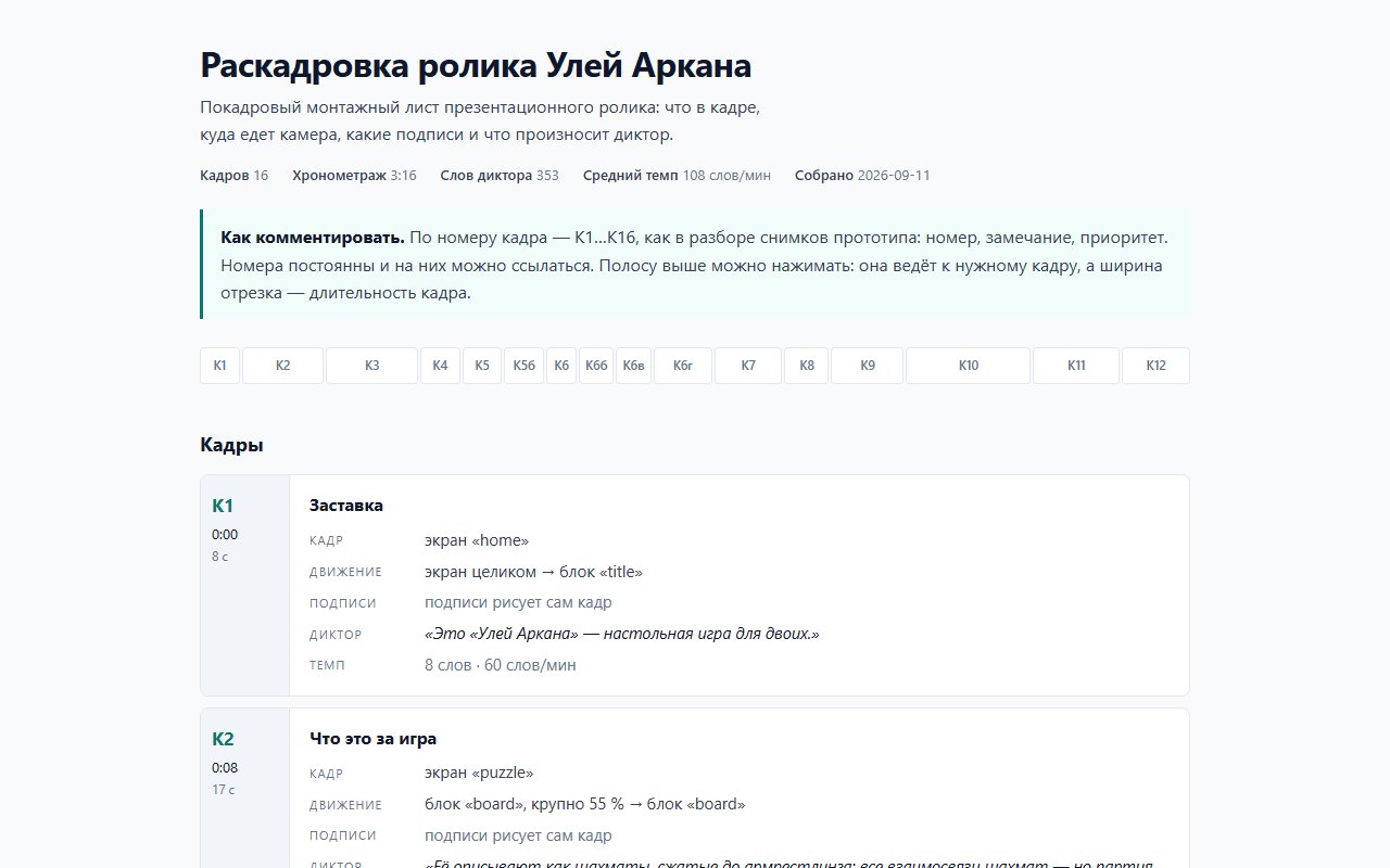 Раскадровка — источник правды: кадр, движение камеры, реплика и темп диктора