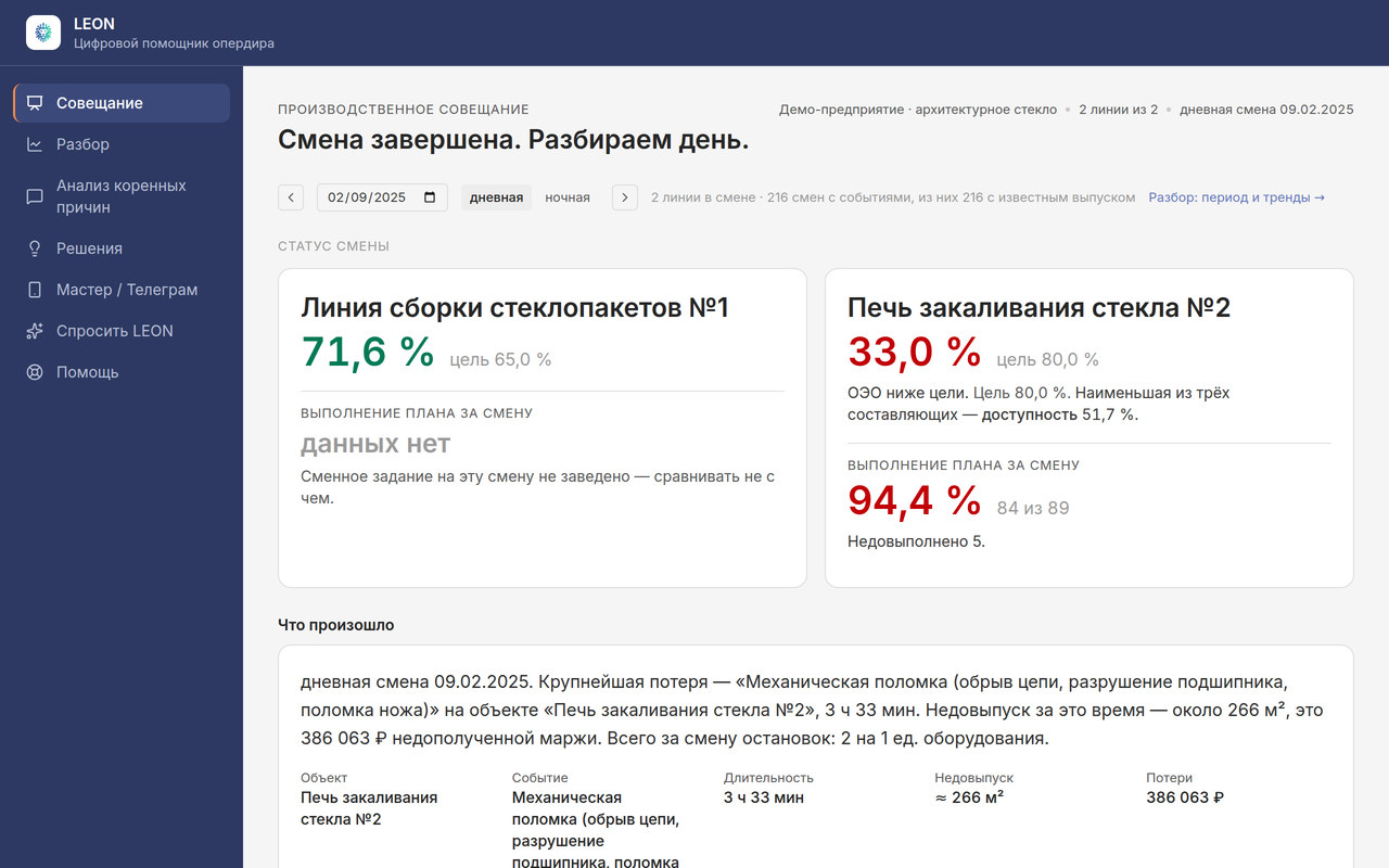 Дашборд: ОЭО двух линий, цели и разбор смены с недовыпуском в рублях
