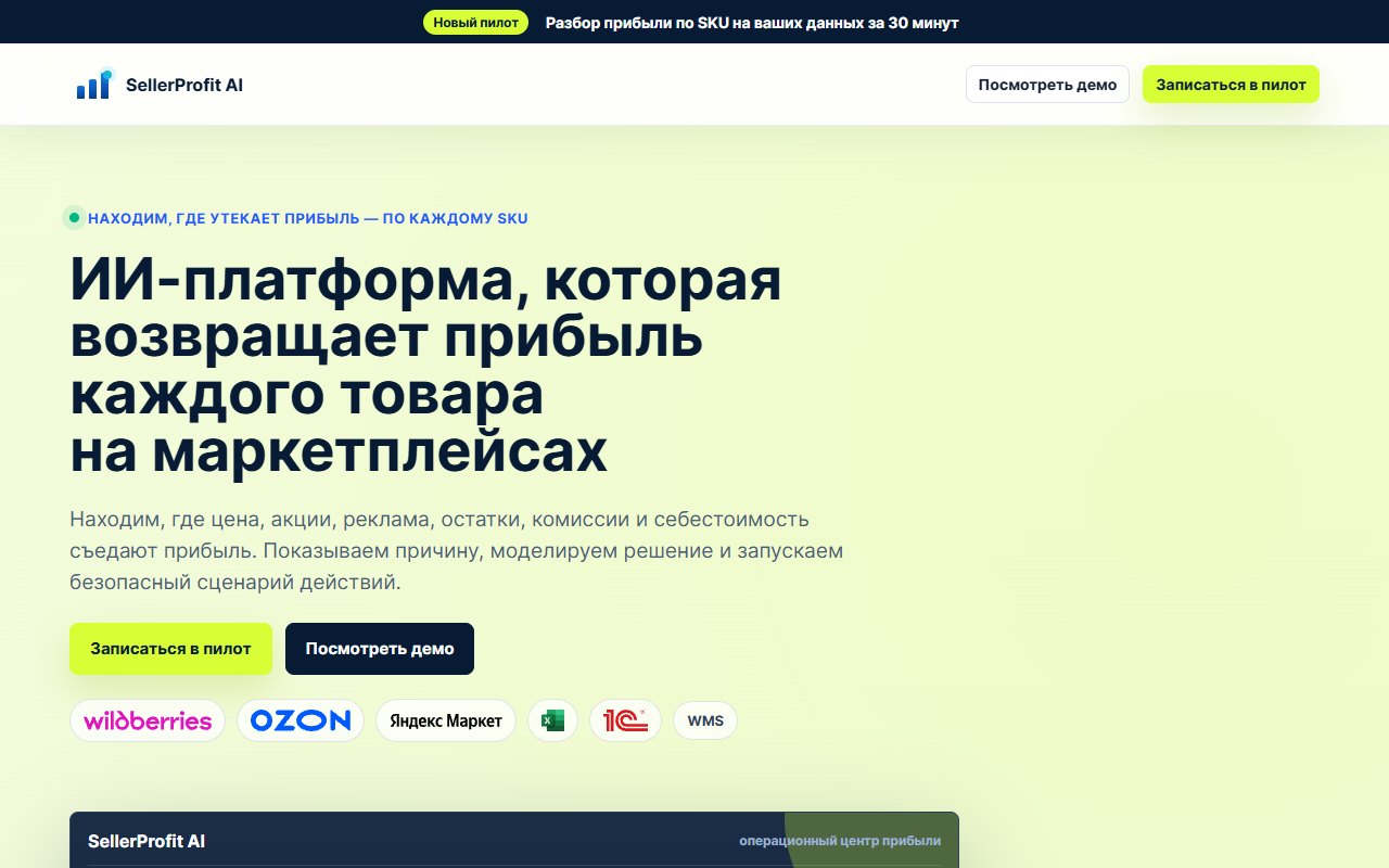 Лендинг: позиционирование и источники данных — WB, Ozon, Яндекс Маркет, Excel, 1С, WMS
